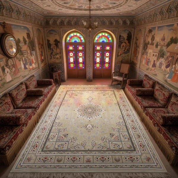 فرش ماشینی ۱۲۰۰ شانه تراکم ۳۶۰۰ گل برجسته طرح آسمان بژ