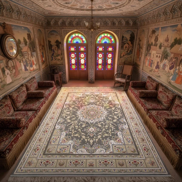 فرش ماشینی ۱۲۰۰ شانه تراکم ۳۶۰۰ گل برجسته طرح آسمان دودی