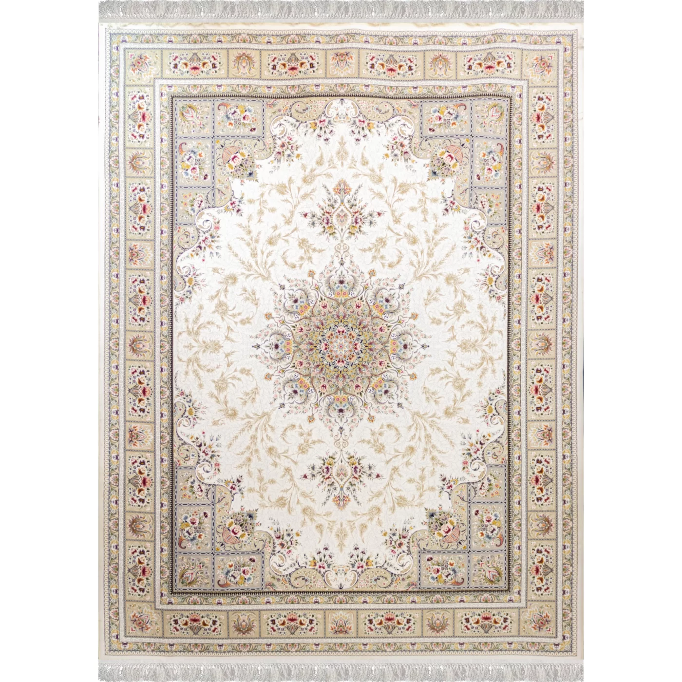 فرش ماشینی ۱۲۰۰ شانه تراکم ۳۶۰۰ گل برجسته طرح آسمان کرم