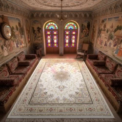 فرش ماشینی ۱۲۰۰ شانه تراکم ۳۶۰۰ گل برجسته طرح آسمان کرم - بازارفرش - فرش 1200 شانه