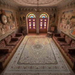 	فرش ماشینی ۱۲۰۰ شانه تراکم ۳۶۰۰ گل برجسته طرح آسمان نقره ای - بازارفرش - فرش 1200 شانه