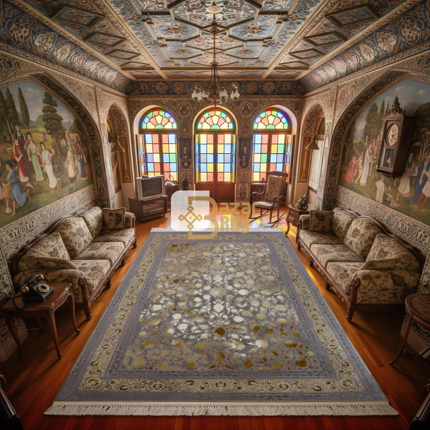 فرش ماشینی 1200 شانه تراکم 3600 گل برجسته طرح اتوسا یاسی