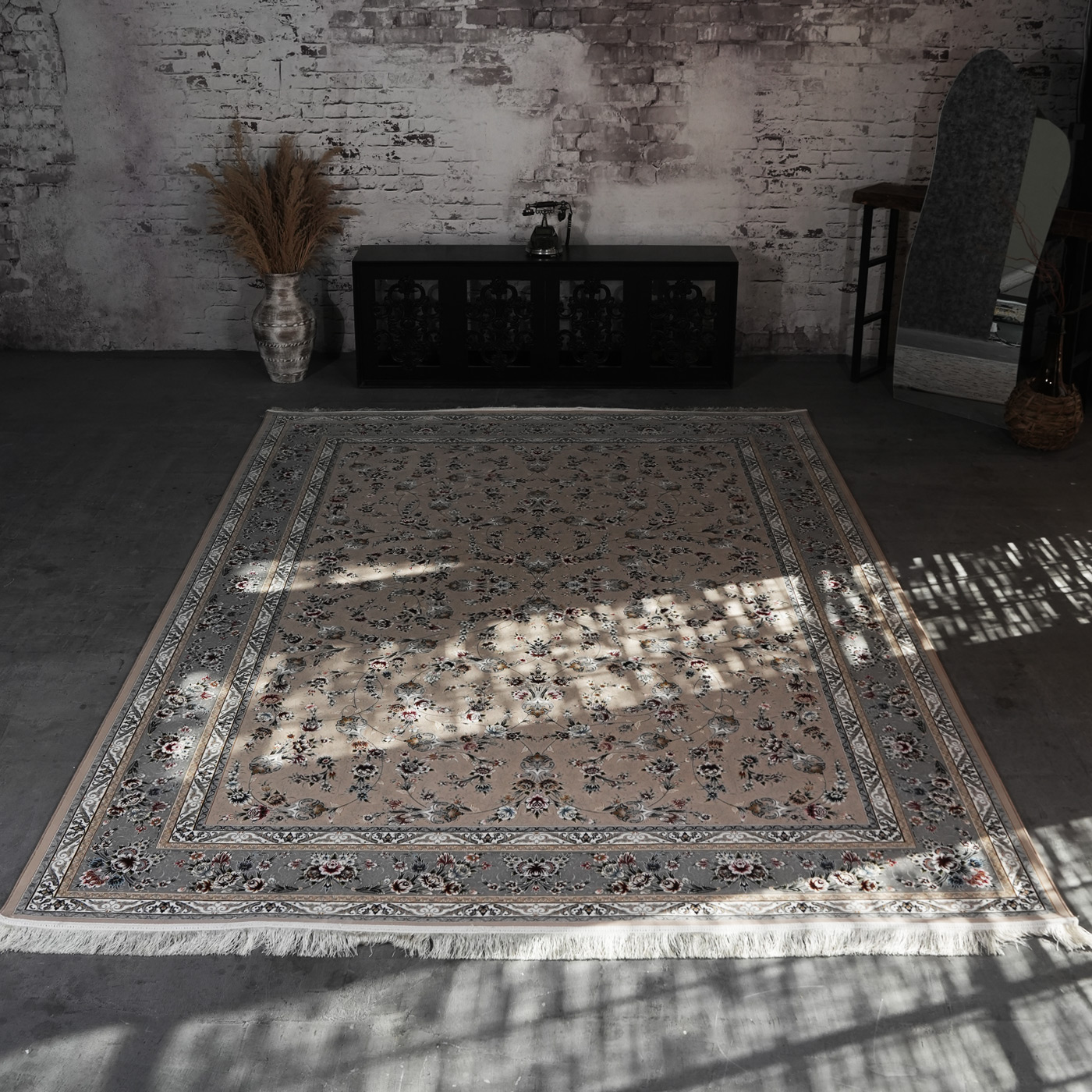 فرش ماشینی 1200 شانه تراکم 3600 گل برجسته طرح آوین بژ