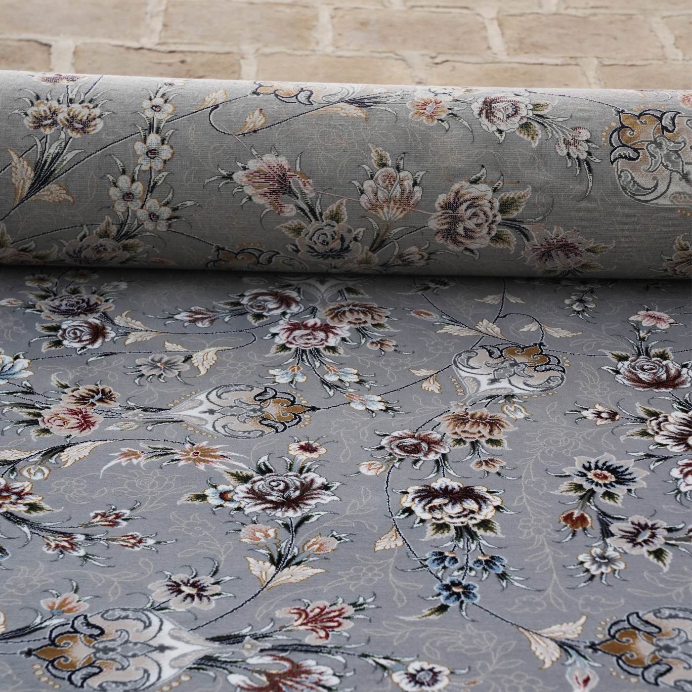 فرش ماشینی 1200 شانه تراکم 3600 گل برجسته طرح آوین نقره ای