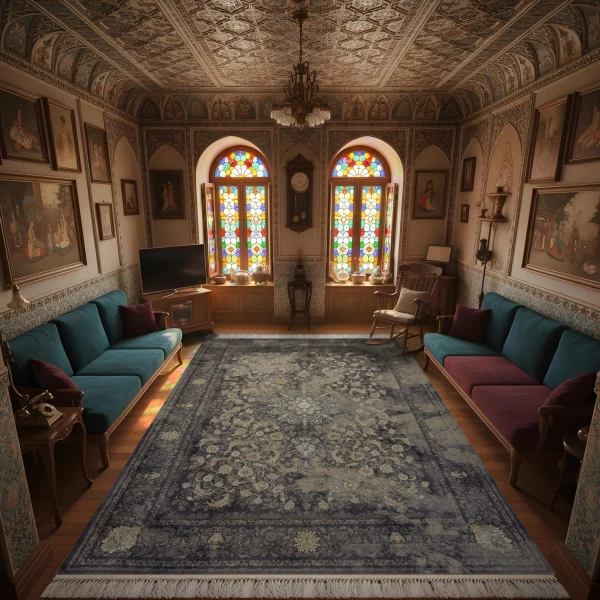 فرش ماشینی 1200 شانه تراکم 3600 گل برجسته طرح آذر دلفینی