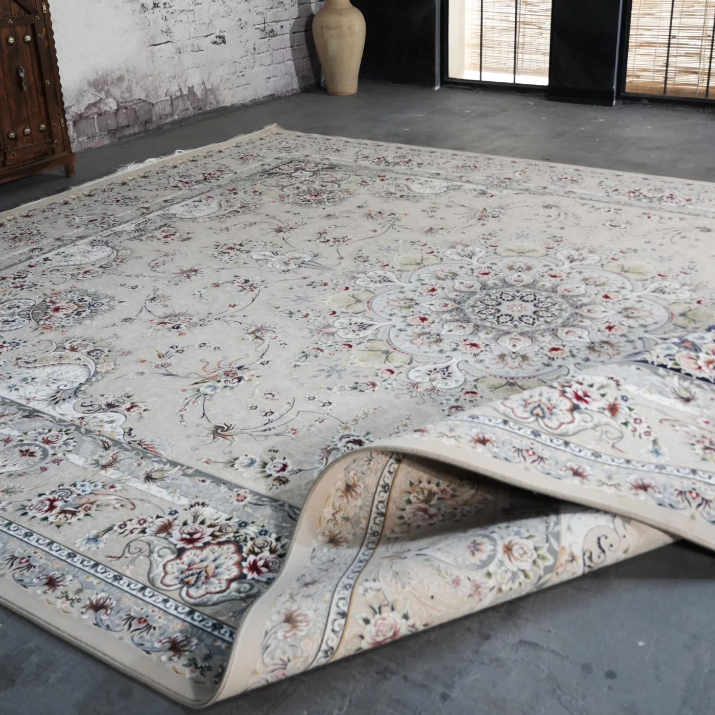 فرش ماشینی 1200 شانه تراکم 3600 گل برجسته طرح آذین بژ