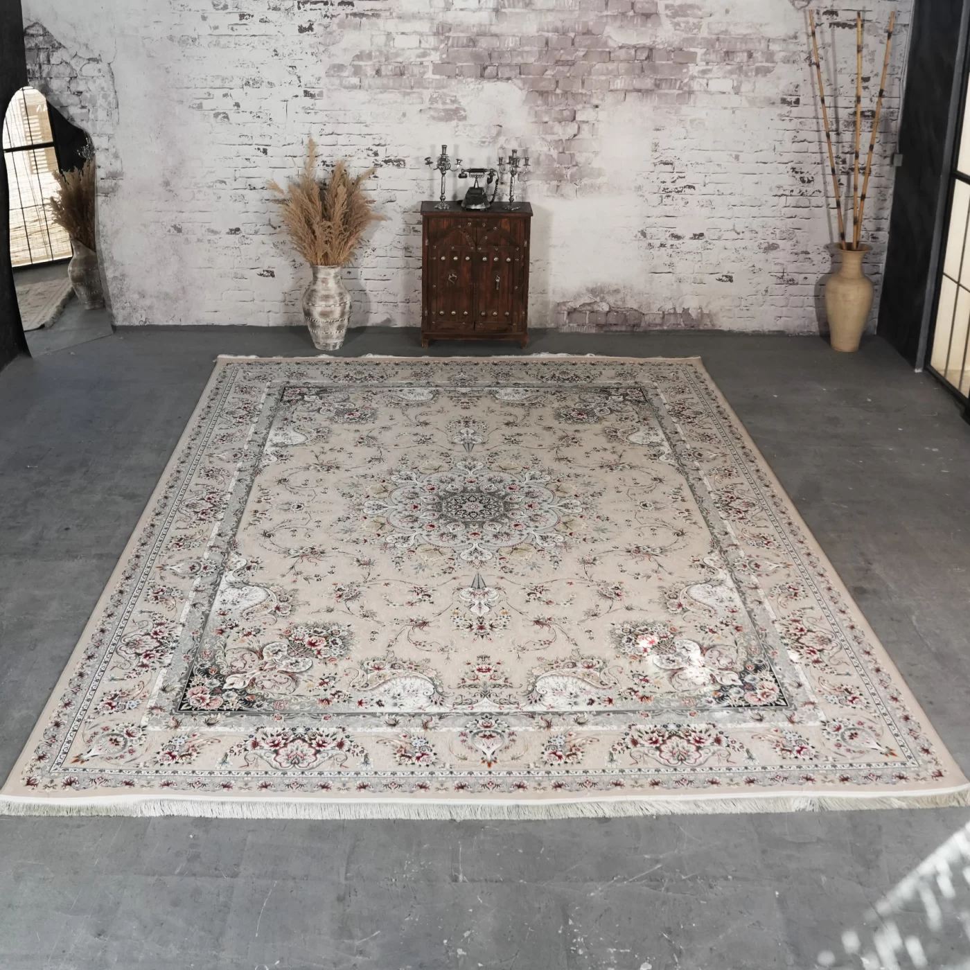 فرش ماشینی 1200 شانه تراکم 3600 گل برجسته طرح آذین بژ