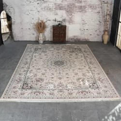 فرش ماشینی 1200 شانه تراکم 3600 گل برجسته طرح آذین بژ - بازارفرش - فرش 1200 شانه