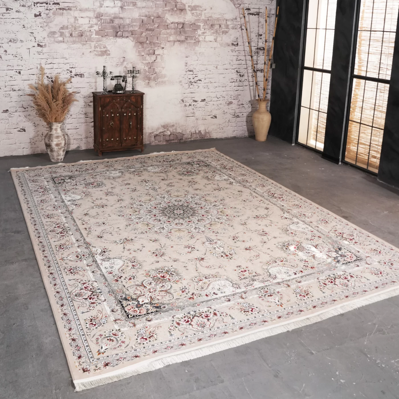 فرش ماشینی 1200 شانه تراکم 3600 گل برجسته طرح آذین بژ