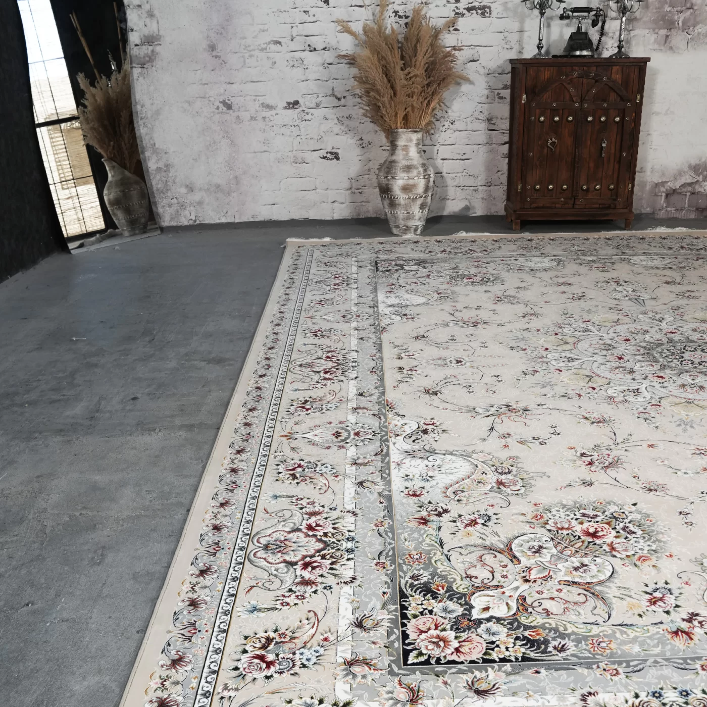 فرش ماشینی 1200 شانه تراکم 3600 گل برجسته طرح آذین بژ