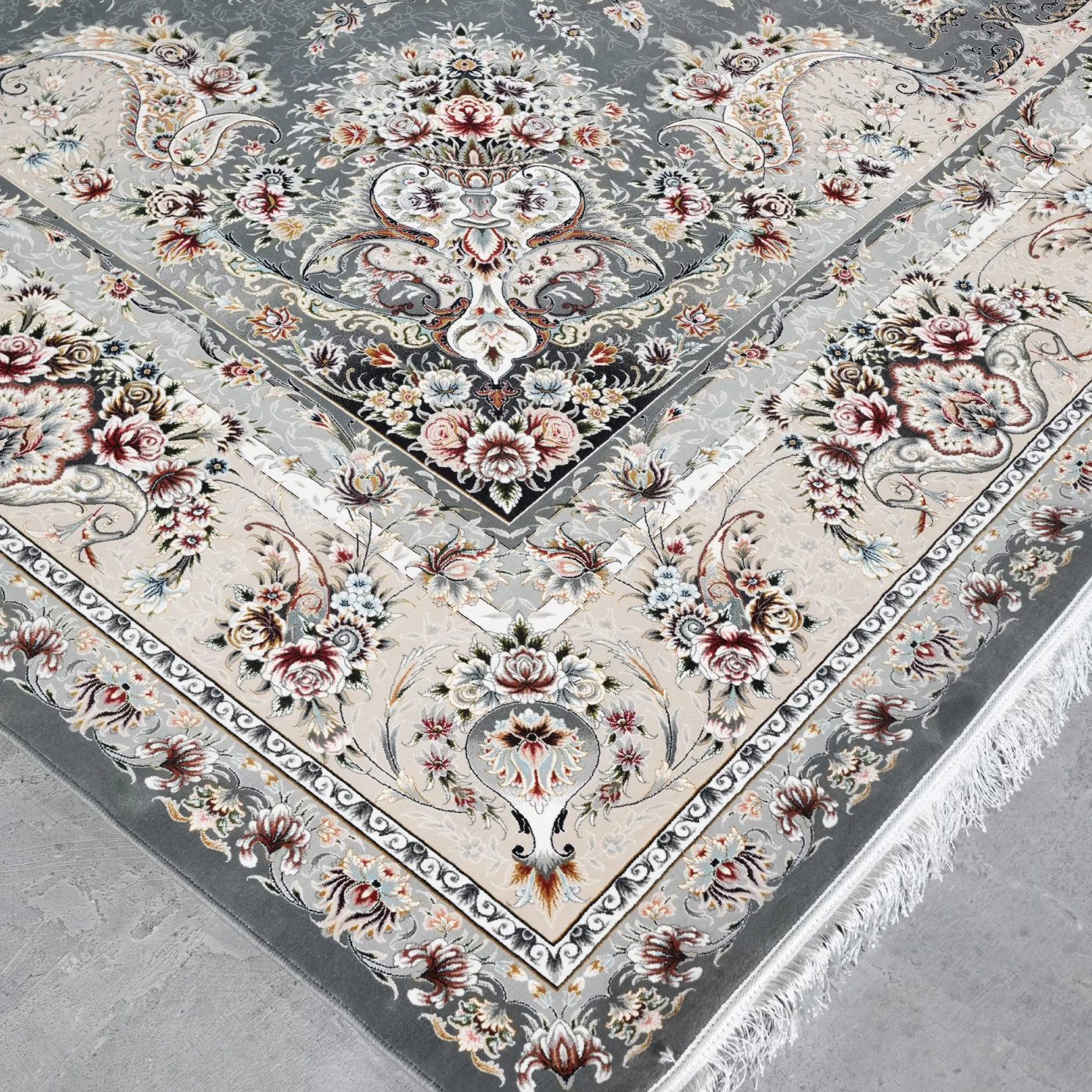 فرش ماشینی 1200 شانه تراکم 3600 گل برجسته طرح آذین دلفینی