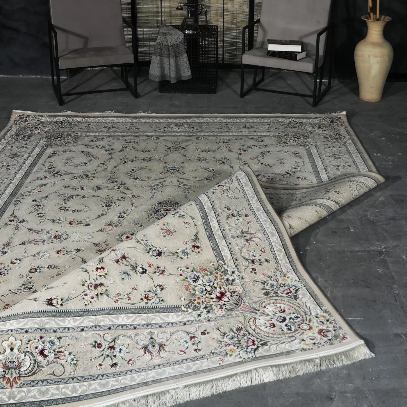 فرش ماشینی 1200 شانه تراکم 3600 گل برجسته طرح باغ گل بژ