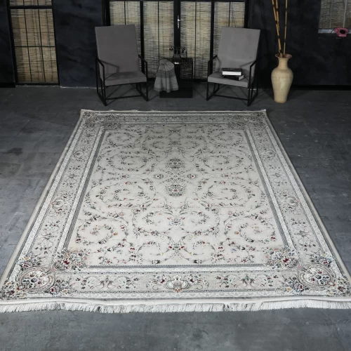 فرش ماشینی 1200 شانه تراکم 3600 گل برجسته طرح باغ گل بژ