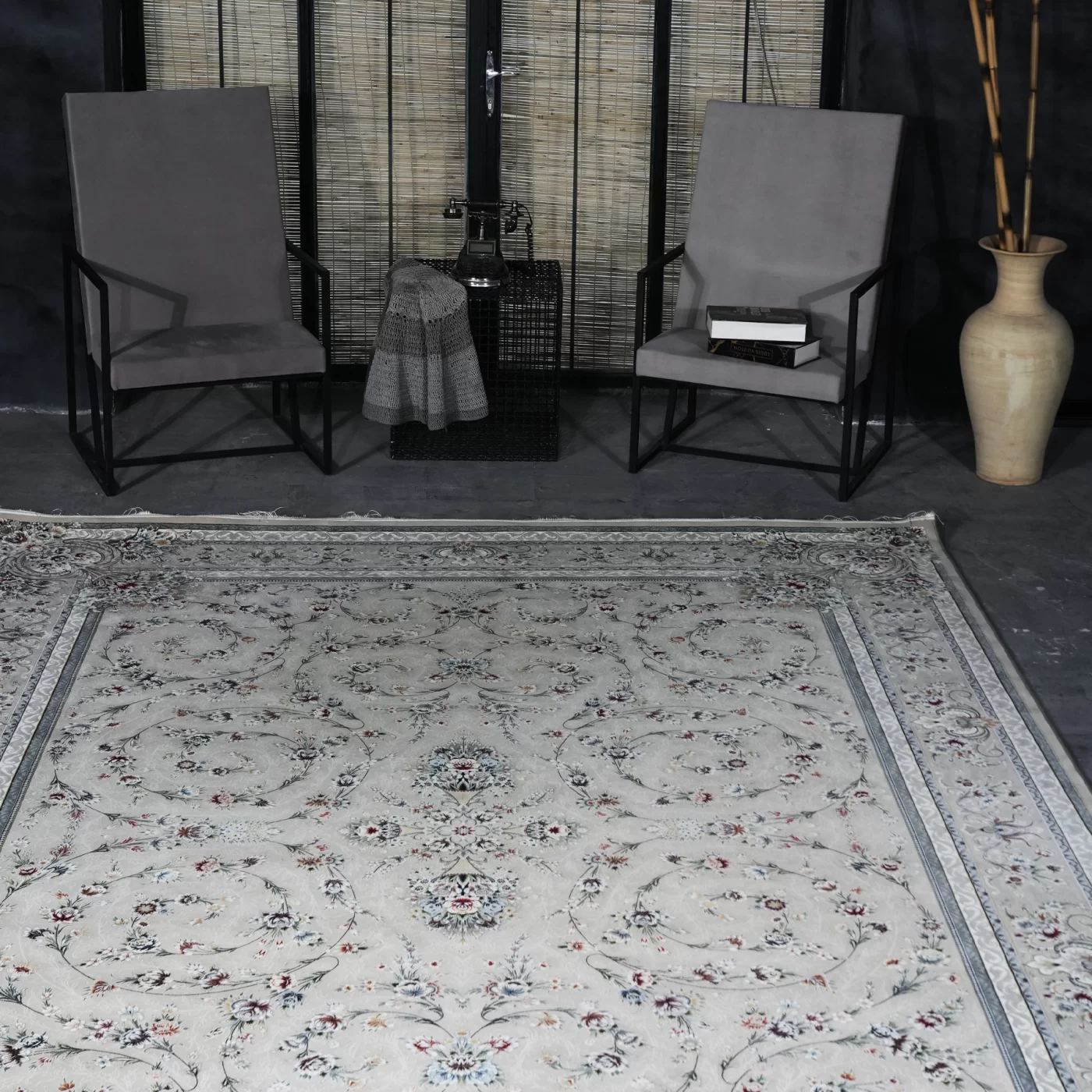 فرش ماشینی 1200 شانه تراکم 3600 گل برجسته طرح باغ گل بژ