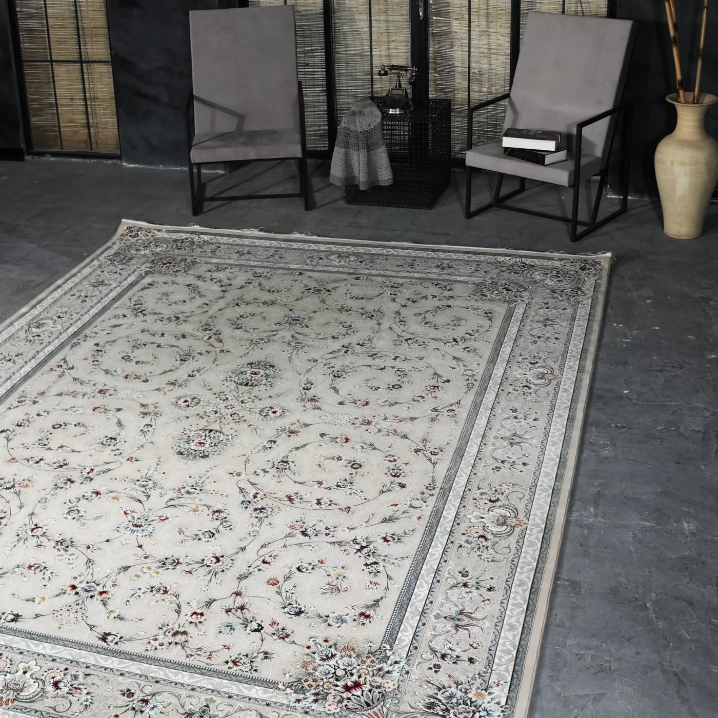 فرش ماشینی 1200 شانه تراکم 3600 گل برجسته طرح باغ گل بژ