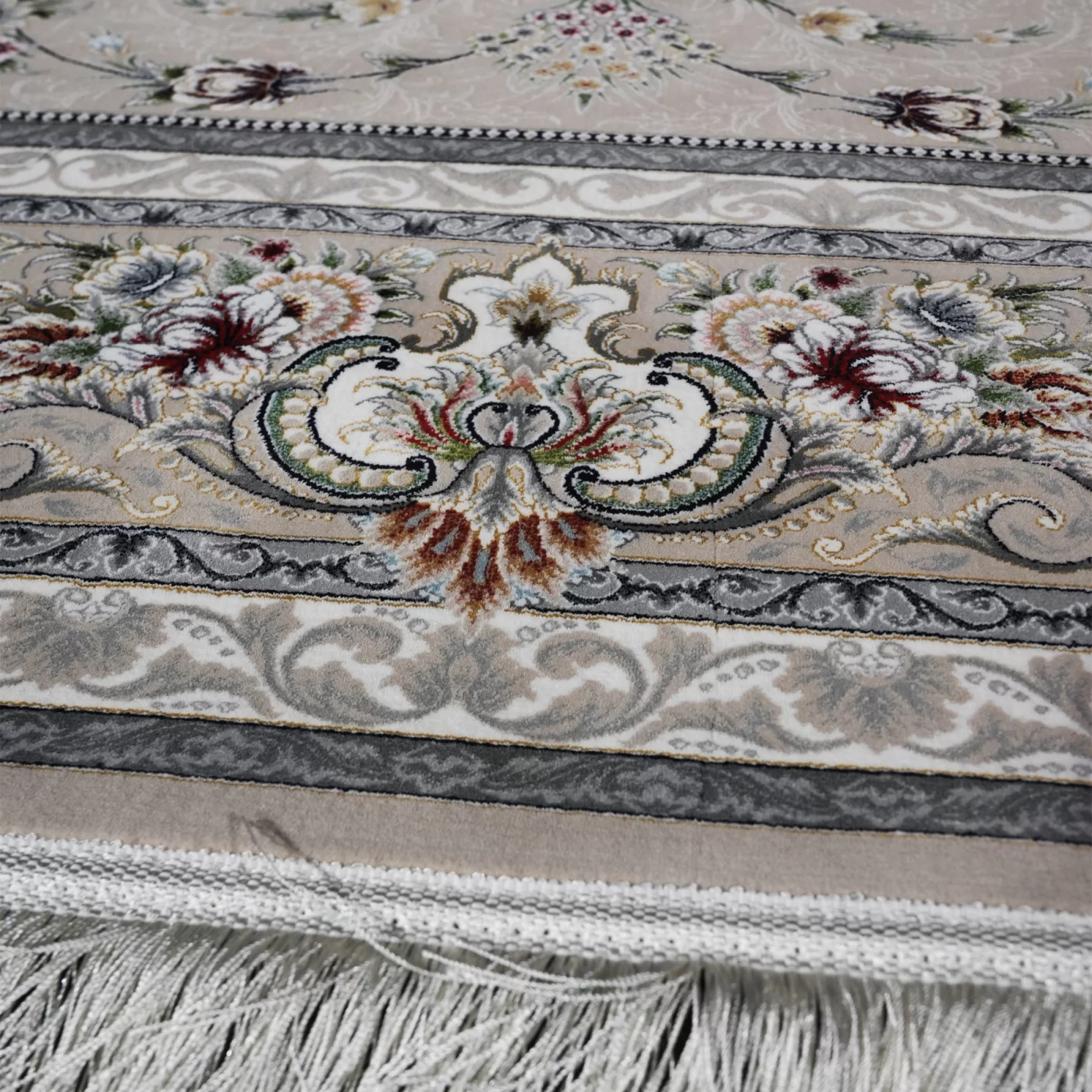 فرش ماشینی 1200 شانه تراکم 3600 گل برجسته طرح باغ گل بژ