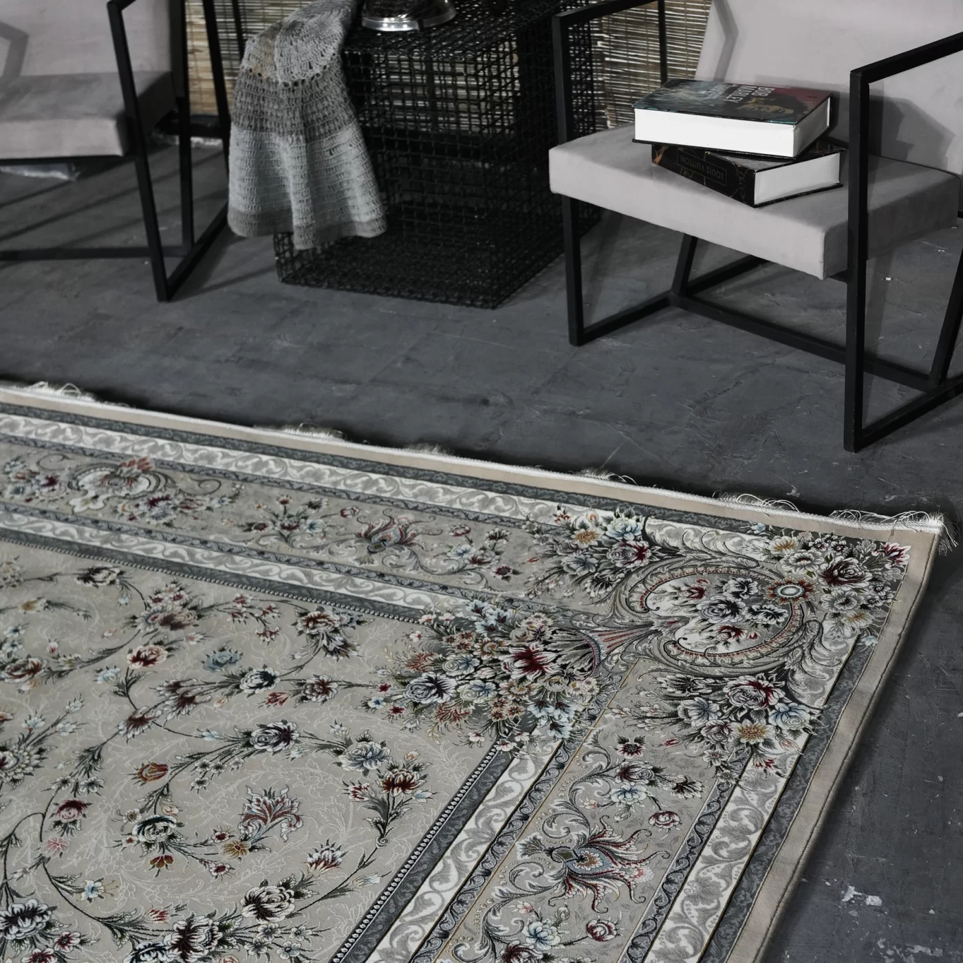 فرش ماشینی 1200 شانه تراکم 3600 گل برجسته طرح باغ گل بژ