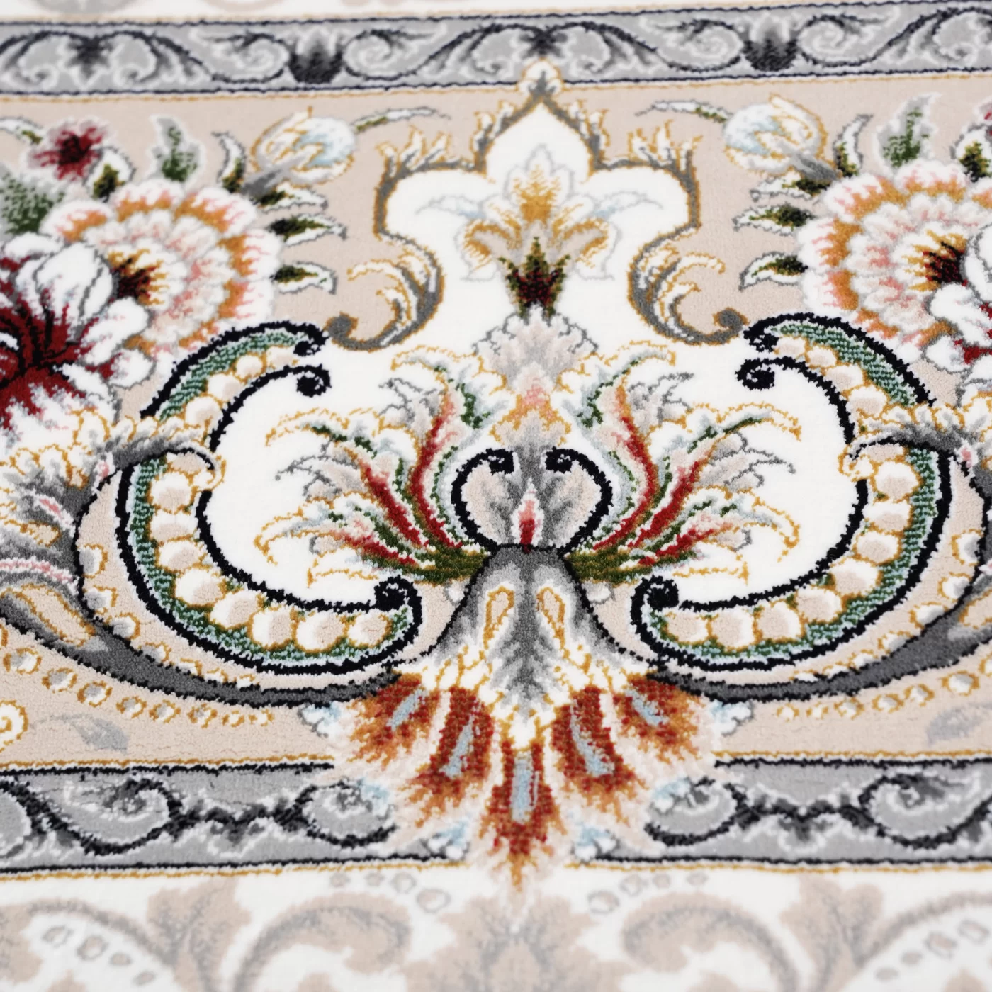 فرش ماشینی 1200 شانه تراکم 3600 گل برجسته طرح باغ گل نقره ای