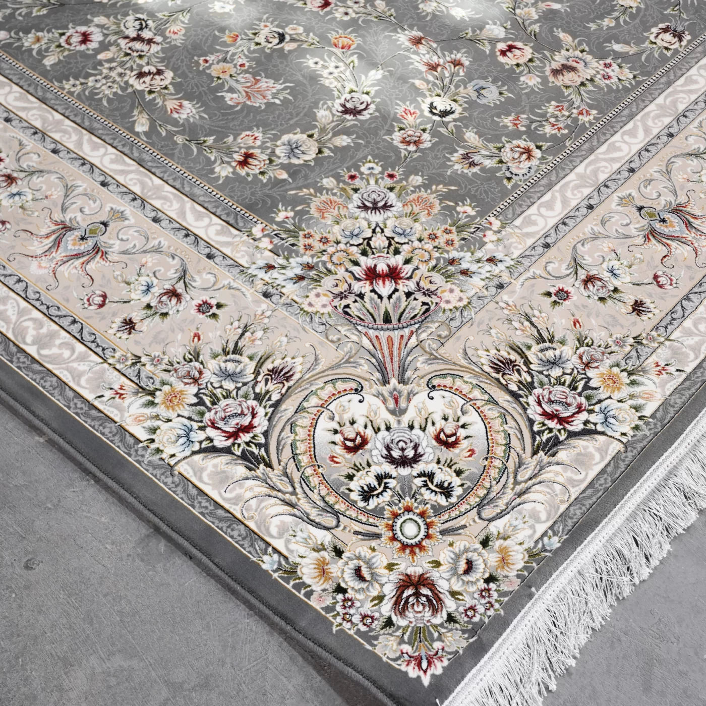 فرش ماشینی 1200 شانه تراکم 3600 گل برجسته طرح باغ گل نقره ای