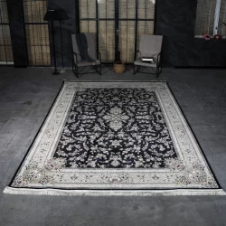 فرش ماشینی 1200 شانه تراکم 3600 گل برجسته طرح باغ گل سرمه ای - بازارفرش - فرش 1200 شانه