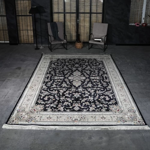 فرش ماشینی 1200 شانه تراکم 3600 گل برجسته طرح باغ گل سرمه ای