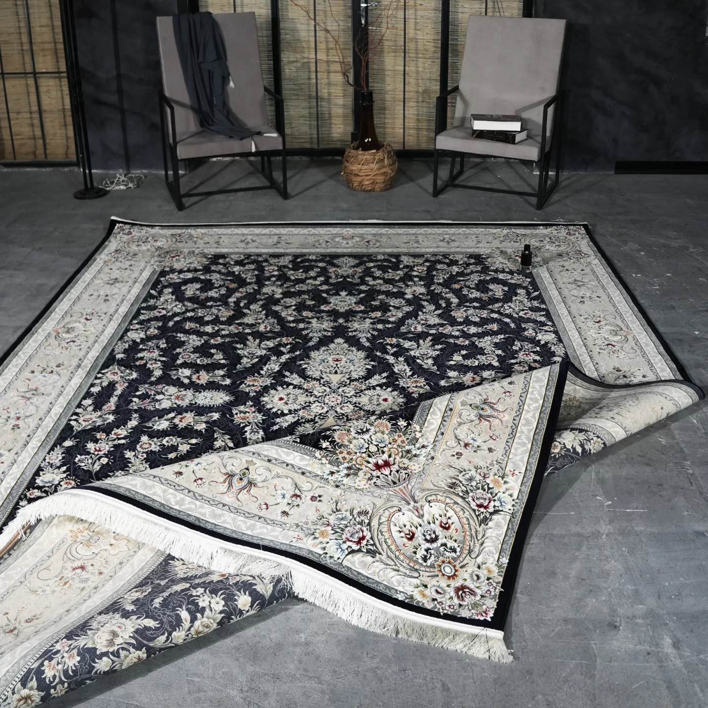 فرش ماشینی 1200 شانه تراکم 3600 گل برجسته طرح باغ گل سرمه ای