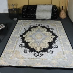 فرش ماشینی 1200 شانه تراکم 3600 گل برجسته طرح باغ رز سرمه ای