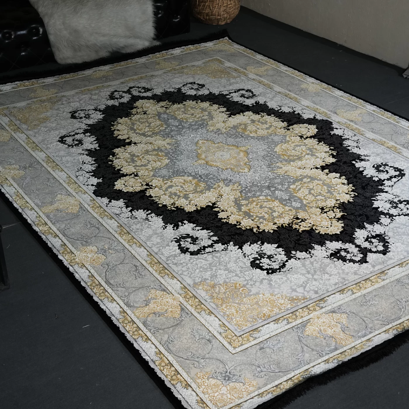 فرش ماشینی 1200 شانه تراکم 3600 گل برجسته طرح باغ رز سرمه ای