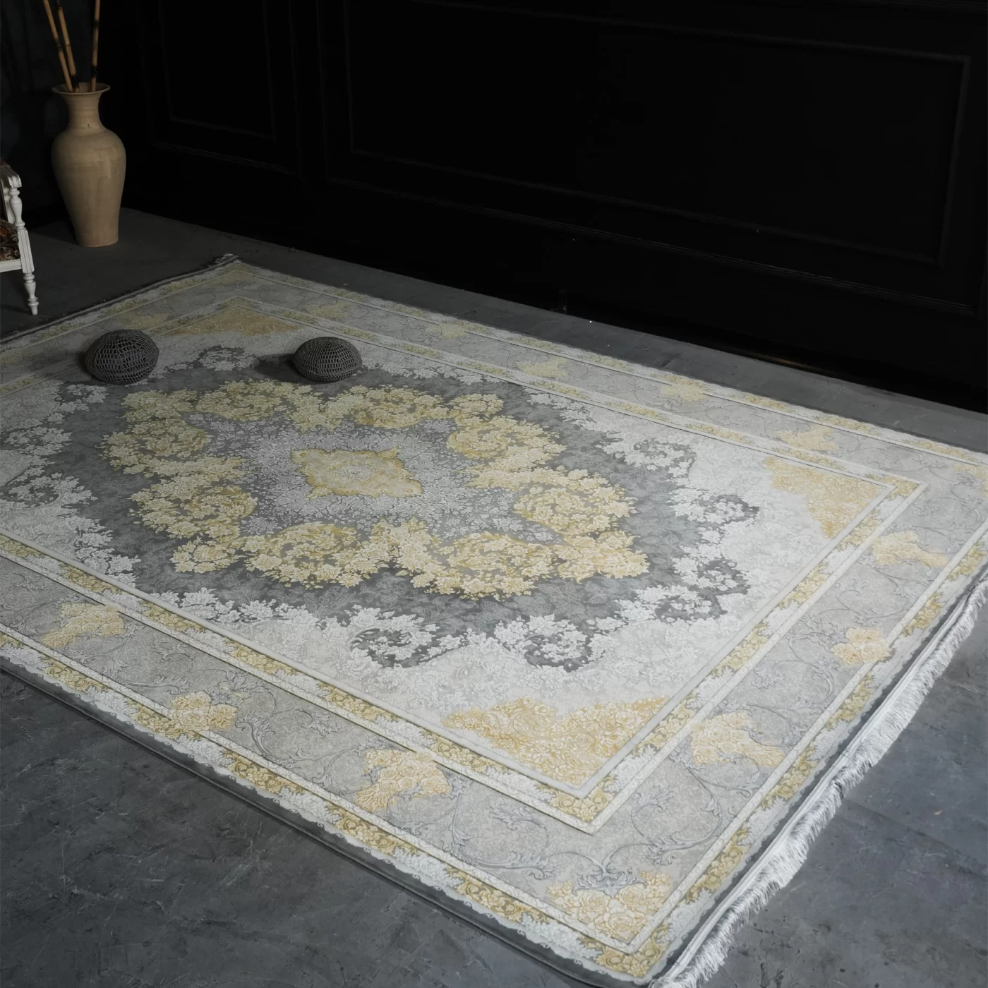 فرش ماشینی 1200 شانه تراکم 3600 گل برجسته طرح باغ رز طوسی