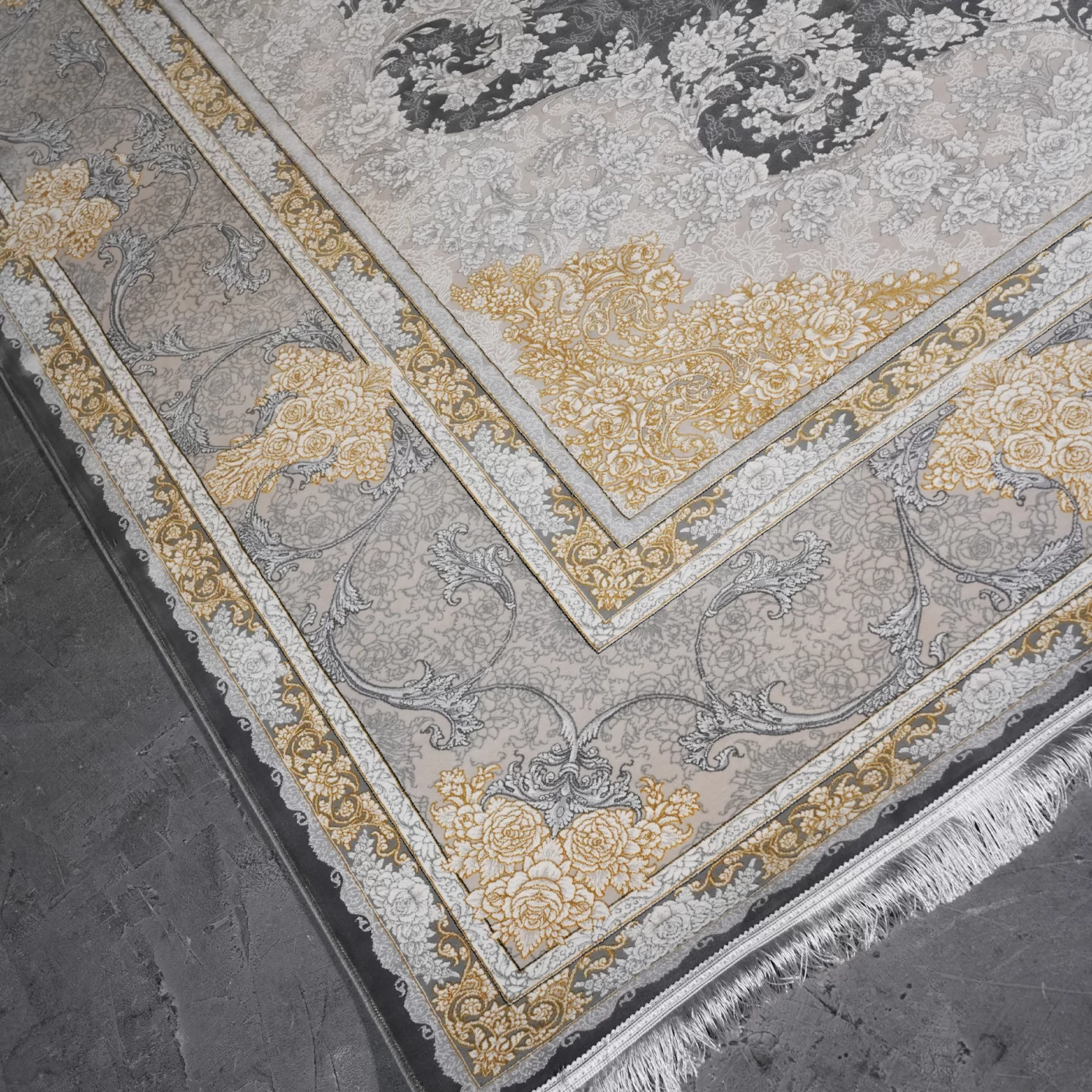 فرش ماشینی 1200 شانه تراکم 3600 گل برجسته طرح باغ رز طوسی