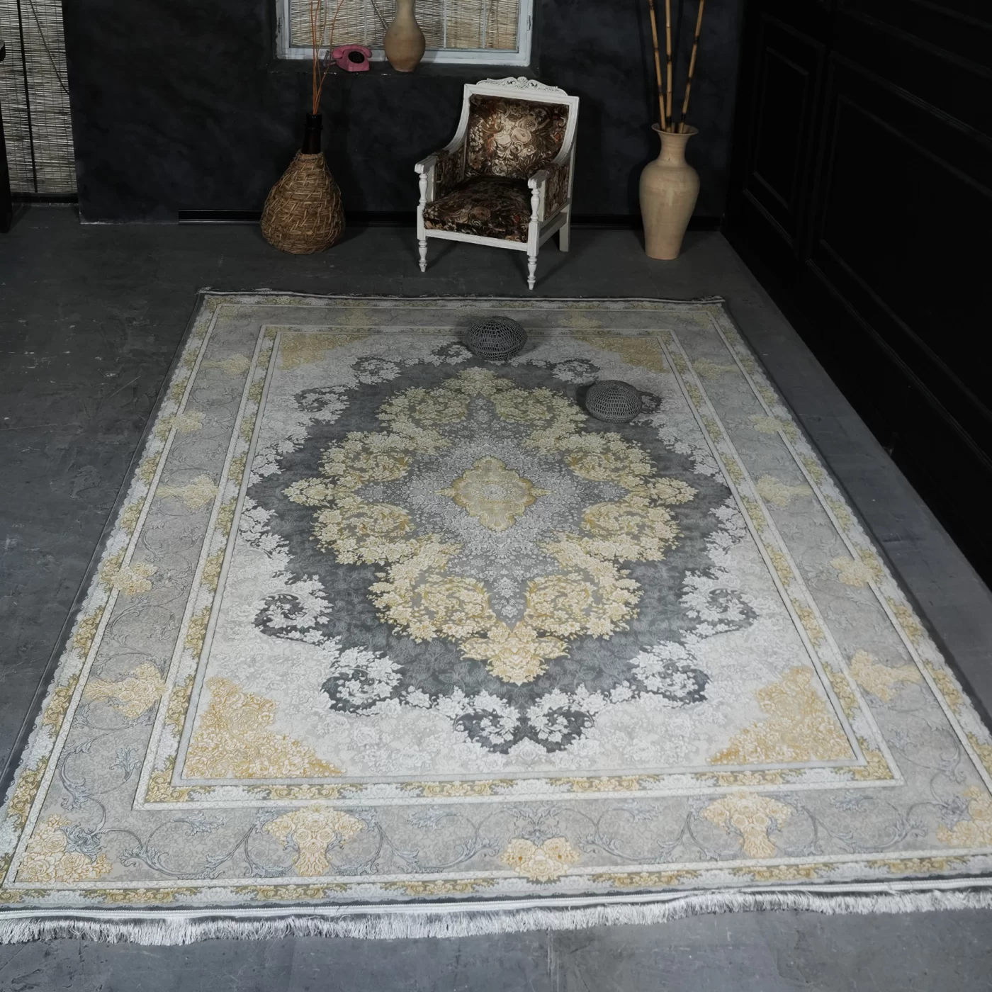 فرش ماشینی 1200 شانه تراکم 3600 گل برجسته طرح باغ رز طوسی