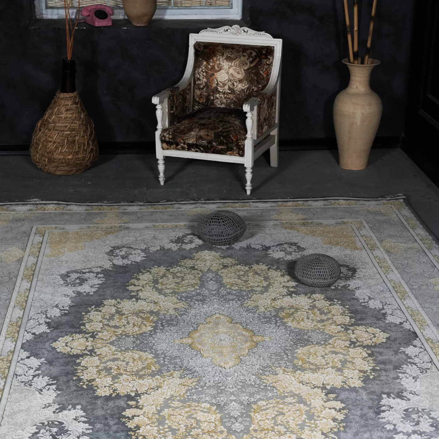 فرش ماشینی 1200 شانه تراکم 3600 گل برجسته طرح باغ رز طوسی