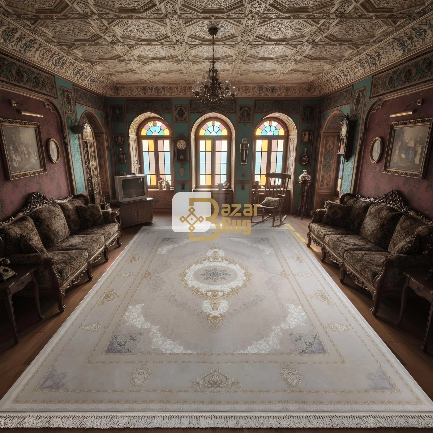 فرش ماشینی 1200 شانه تراکم 3600 گل برجسته طرح برکه صدفی