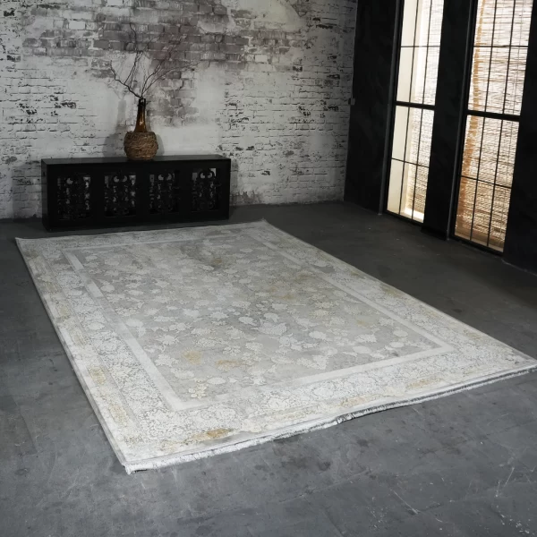 فرش ماشینی 1200 شانه تراکم 3600 گل برجسته طرح بهامین بژ