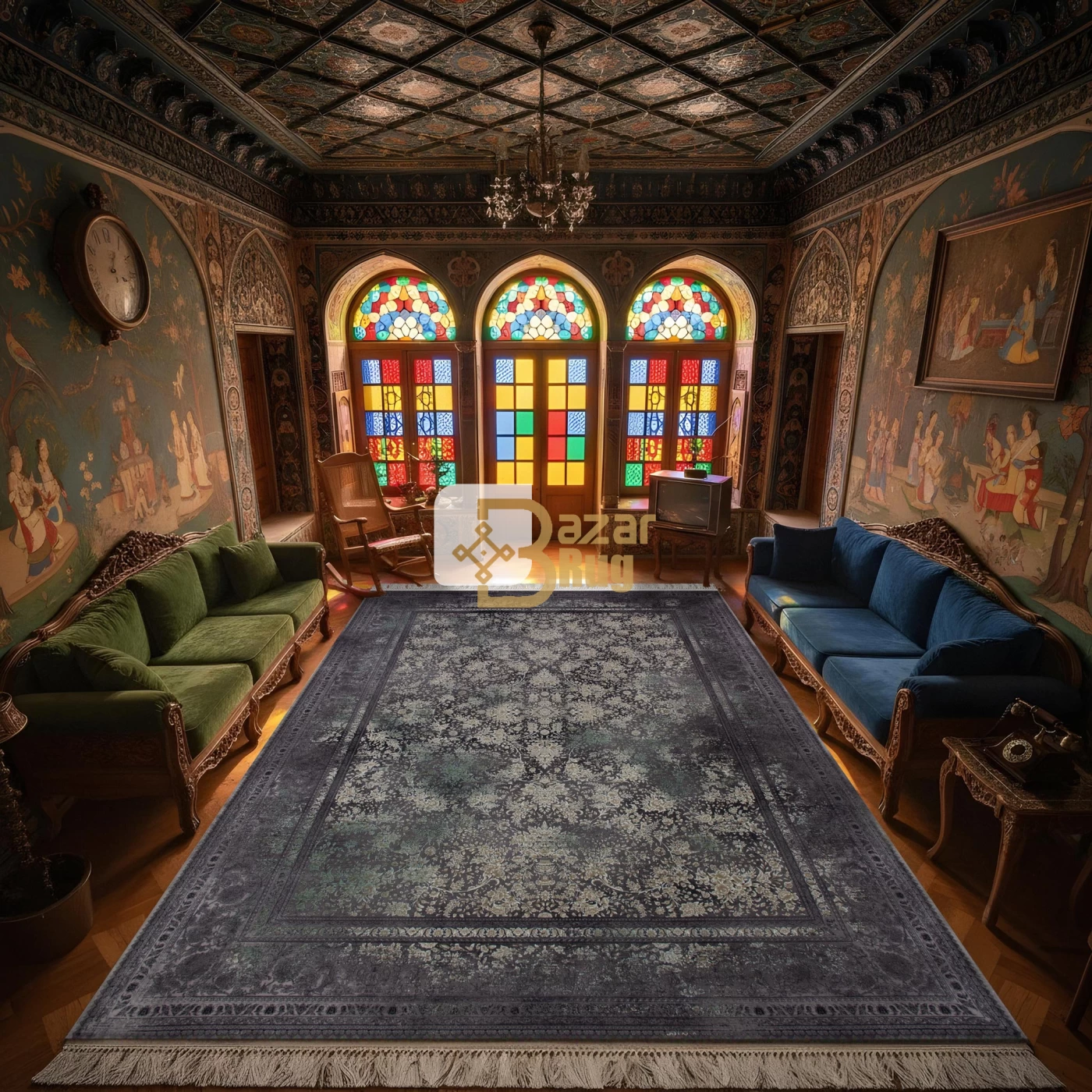 فرش ماشینی 1200 شانه تراکم 3600 گل برجسته طرح برلین صدفی سبز