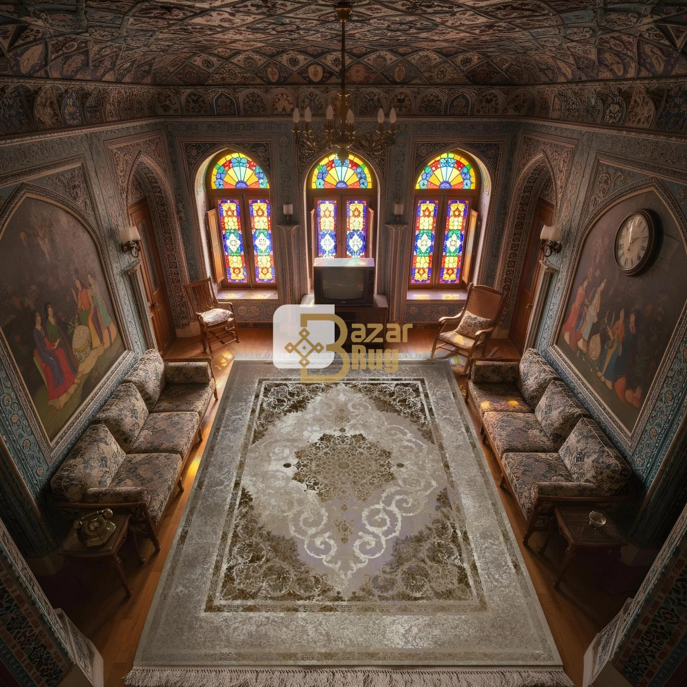 فرش ماشینی 1200 شانه تراکم 3600 گل برجسته طرح دریا صدفی