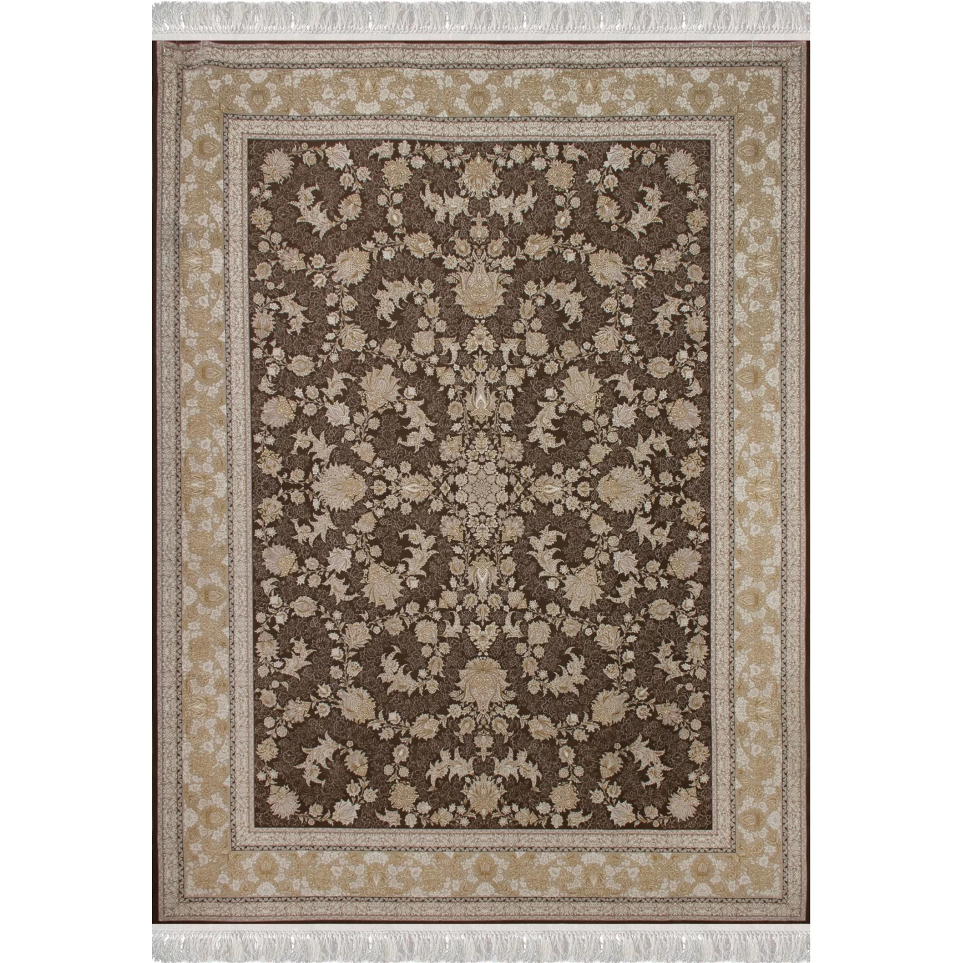 فرش ماشینی 1200 شانه تراکم 3600گل برجسته طرح دلکش نسکافه ای