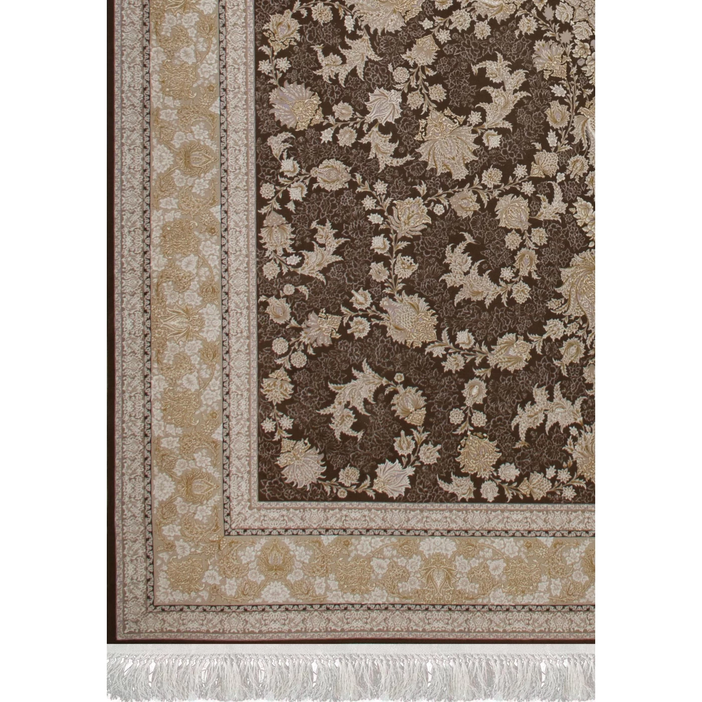 فرش ماشینی 1200 شانه تراکم 3600گل برجسته طرح دلکش نسکافه ای