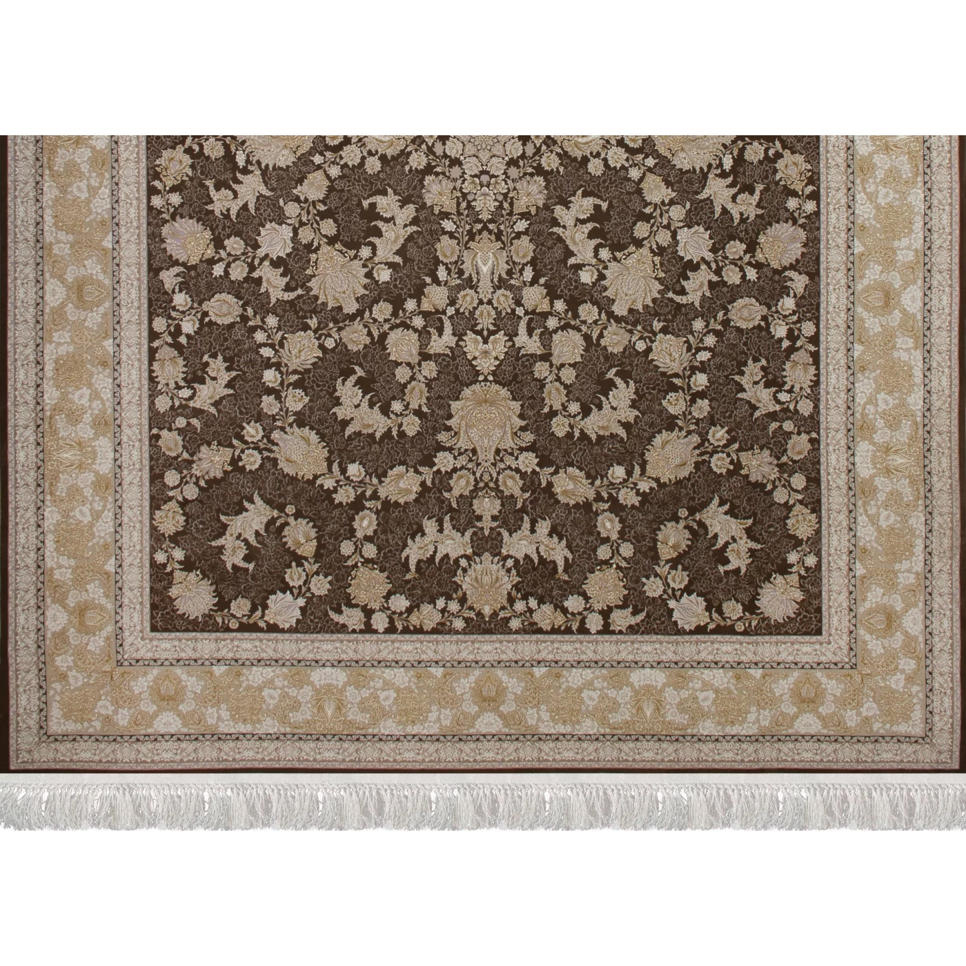 فرش ماشینی 1200 شانه تراکم 3600گل برجسته طرح دلکش نسکافه ای