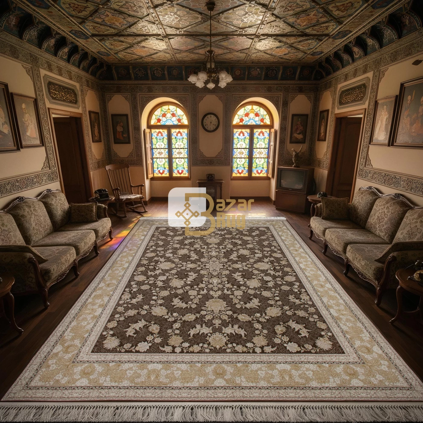 فرش ماشینی 1200 شانه تراکم 3600گل برجسته طرح دلکش نسکافه ای