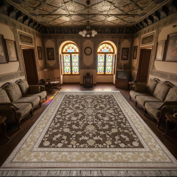 فرش ماشینی 1200 شانه تراکم 3600گل برجسته طرح دلکش نسکافه ای