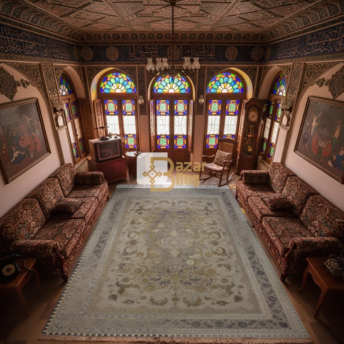 فرش ماشینی 1200 شانه تراکم 3600گل برجسته طرح درخشش صدفی