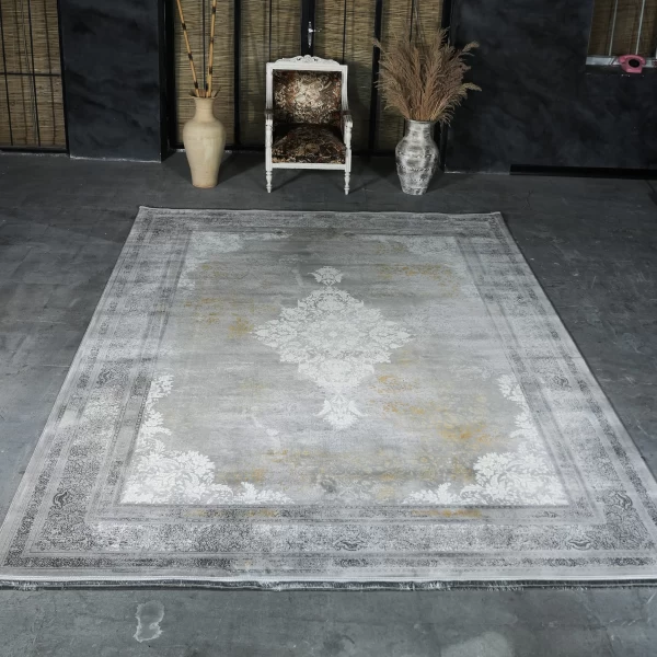 فرش ماشینی 1200 شانه تراکم 3600 گل برجسته طرح اریکا نقره ای