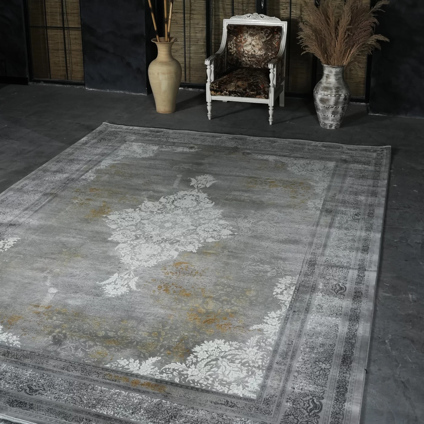 فرش ماشینی 1200 شانه تراکم 3600 گل برجسته طرح اریکا نقره ای