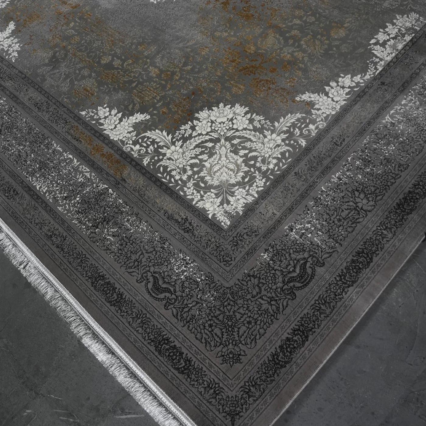 فرش ماشینی 1200 شانه تراکم 3600 گل برجسته طرح اریکا نقره ای