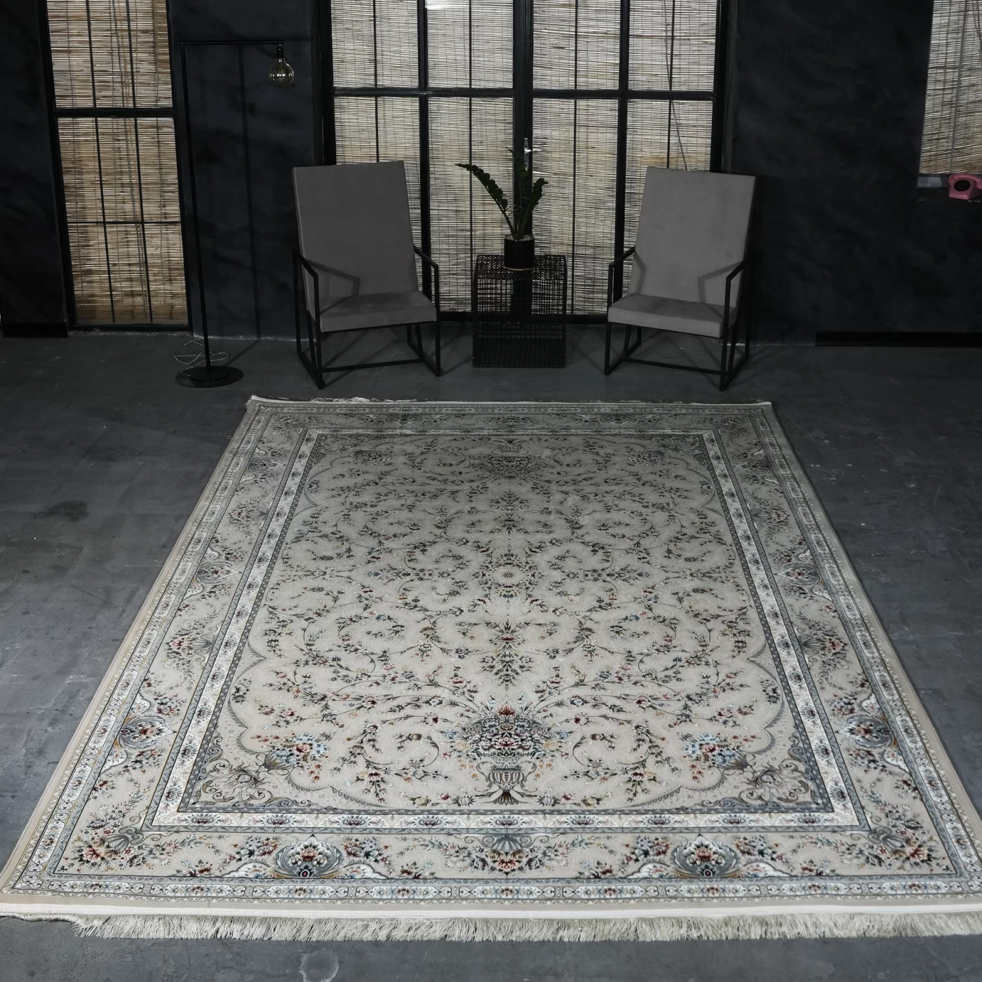 فرش ماشینی 1200 شانه تراکم 3600 گل برجسته طرح فرنوش بژ