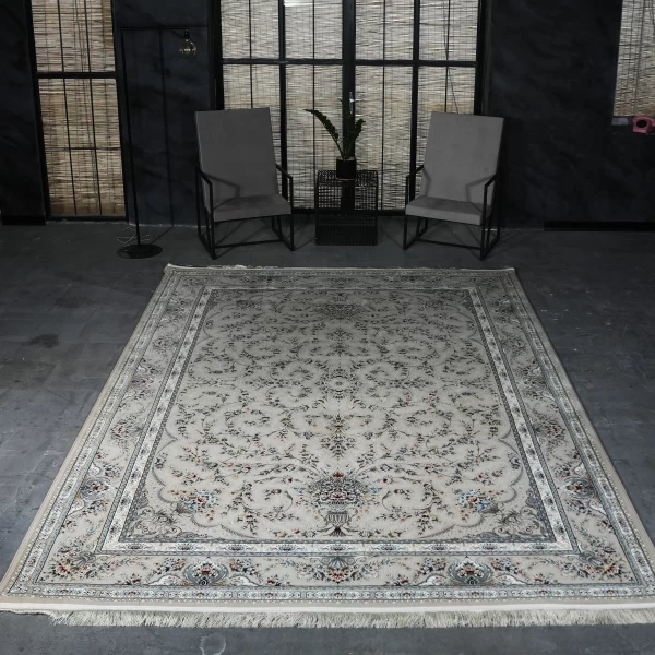 فرش ماشینی 1200 شانه تراکم 3600 گل برجسته طرح فرنوش بژ