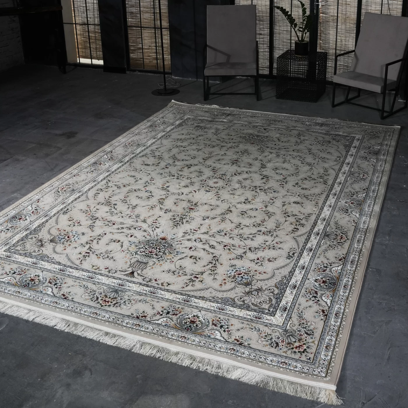 فرش ماشینی 1200 شانه تراکم 3600 گل برجسته طرح فرنوش بژ