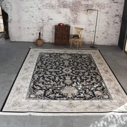 فرش ماشینی 1200 شانه تراکم 3600 گل برجسته طرح فرنوش سرمه ای - بازارفرش - فرش 1200 شانه