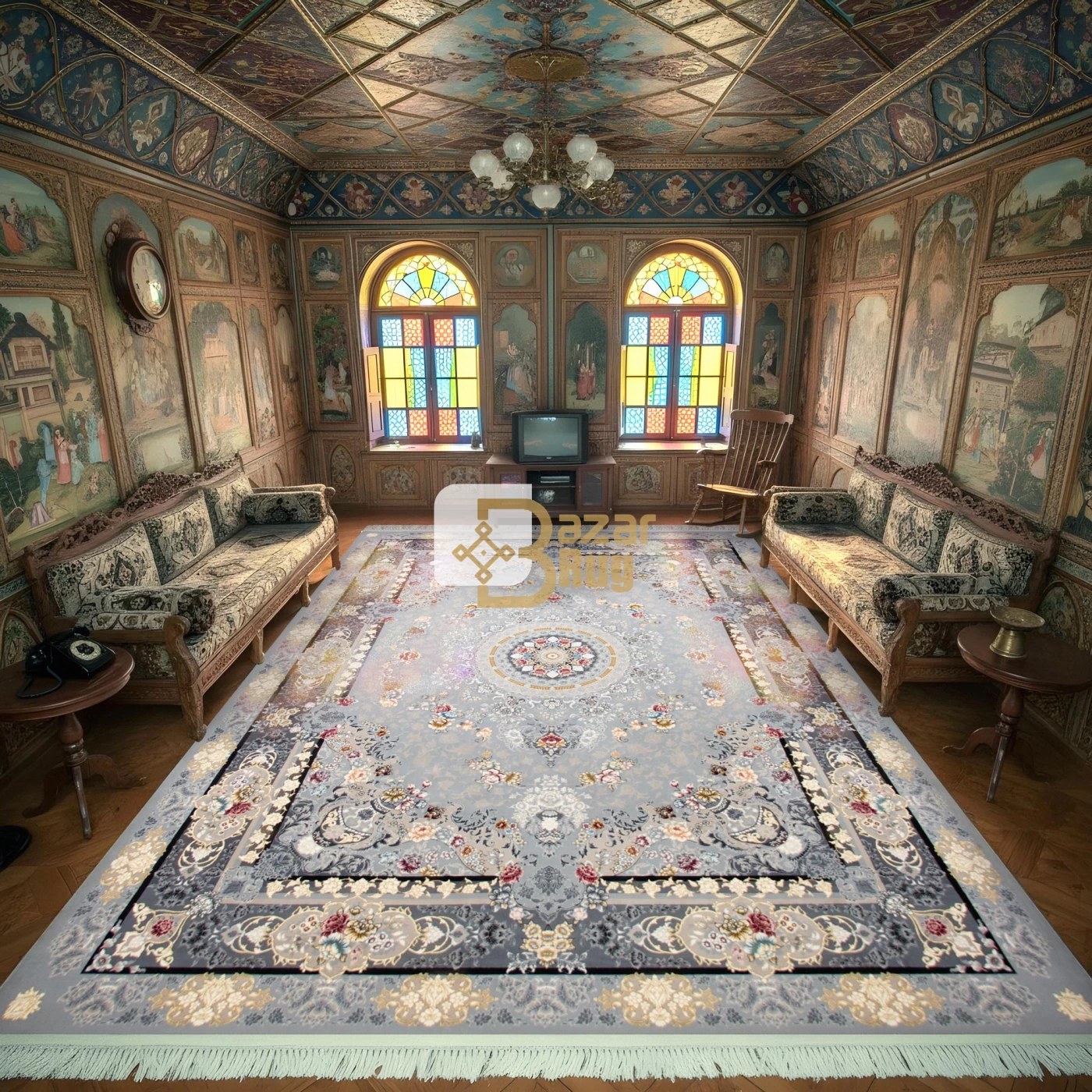 فرش ماشینی 1200 شانه تراکم 3600 گل برجسته طرح گندم نقره ای